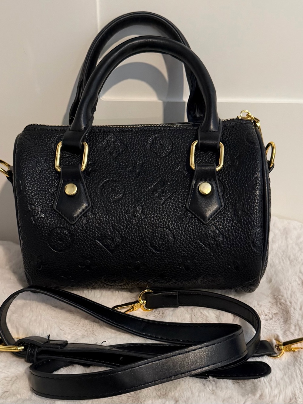 Black Embossed Leather Barrel Satchel - Gold Hardware